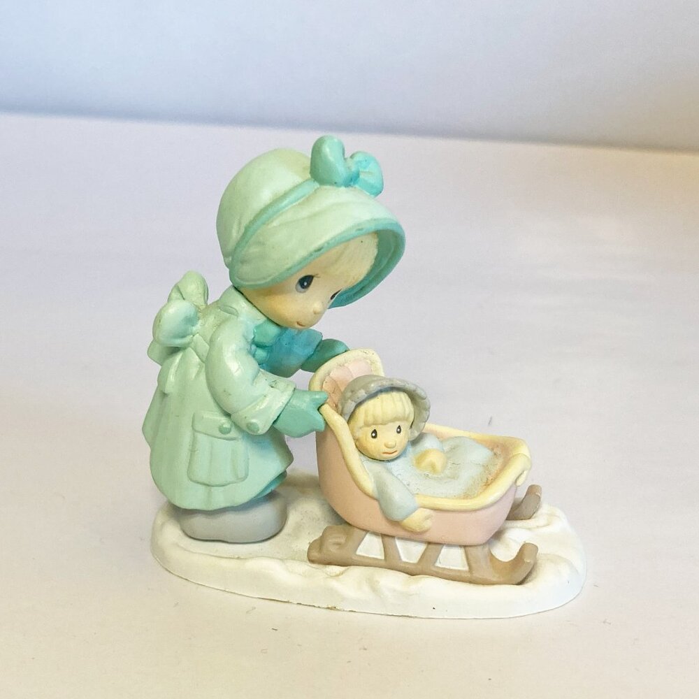 Precious Moments Mini Figure Plastic Winter Girl with baby stroller Adorable